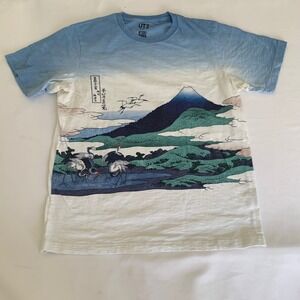 Uniqlo Hokusai Blue T-Shirt Men Medium Blue Mt Fuji Cranes Graphic Art Tee RARE